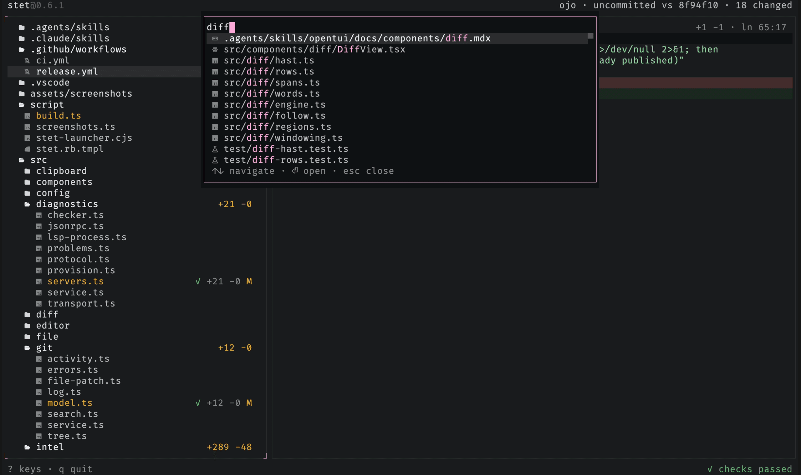The go-to-file overlay fuzzy-matching paths across the repo