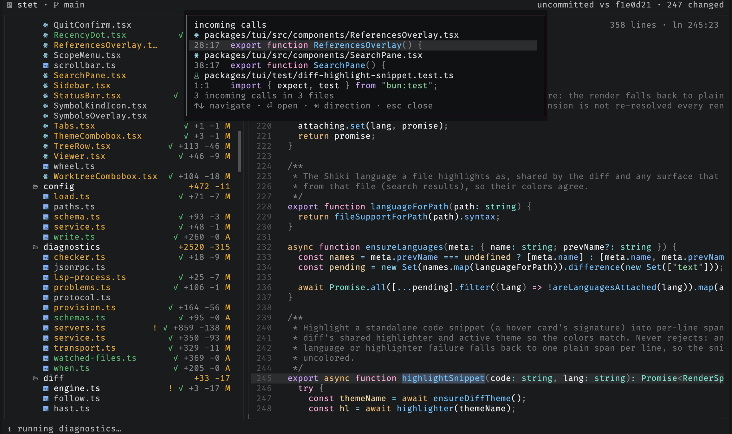 The call hierarchy overlay listing the callers of a function, with a direction hint