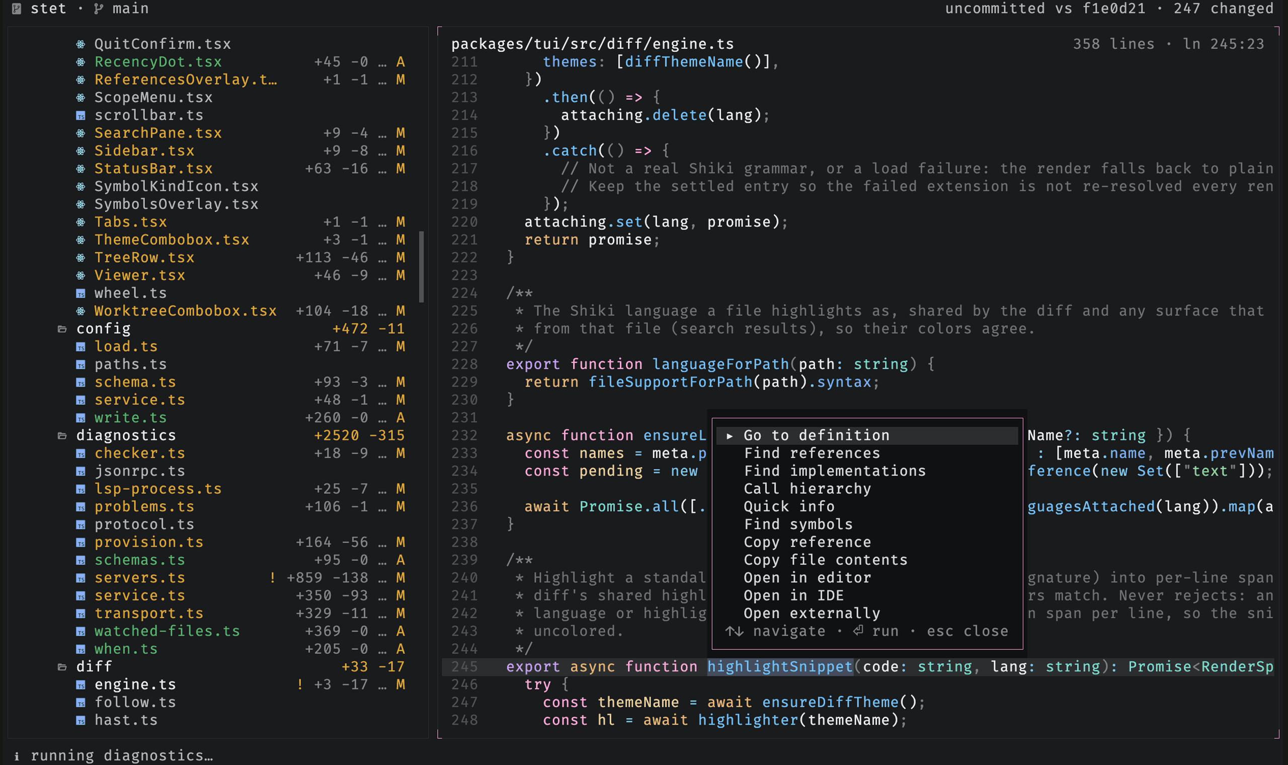 The viewer's context menu opened on a symbol, listing the code intelligence pulls above copy and open actions
