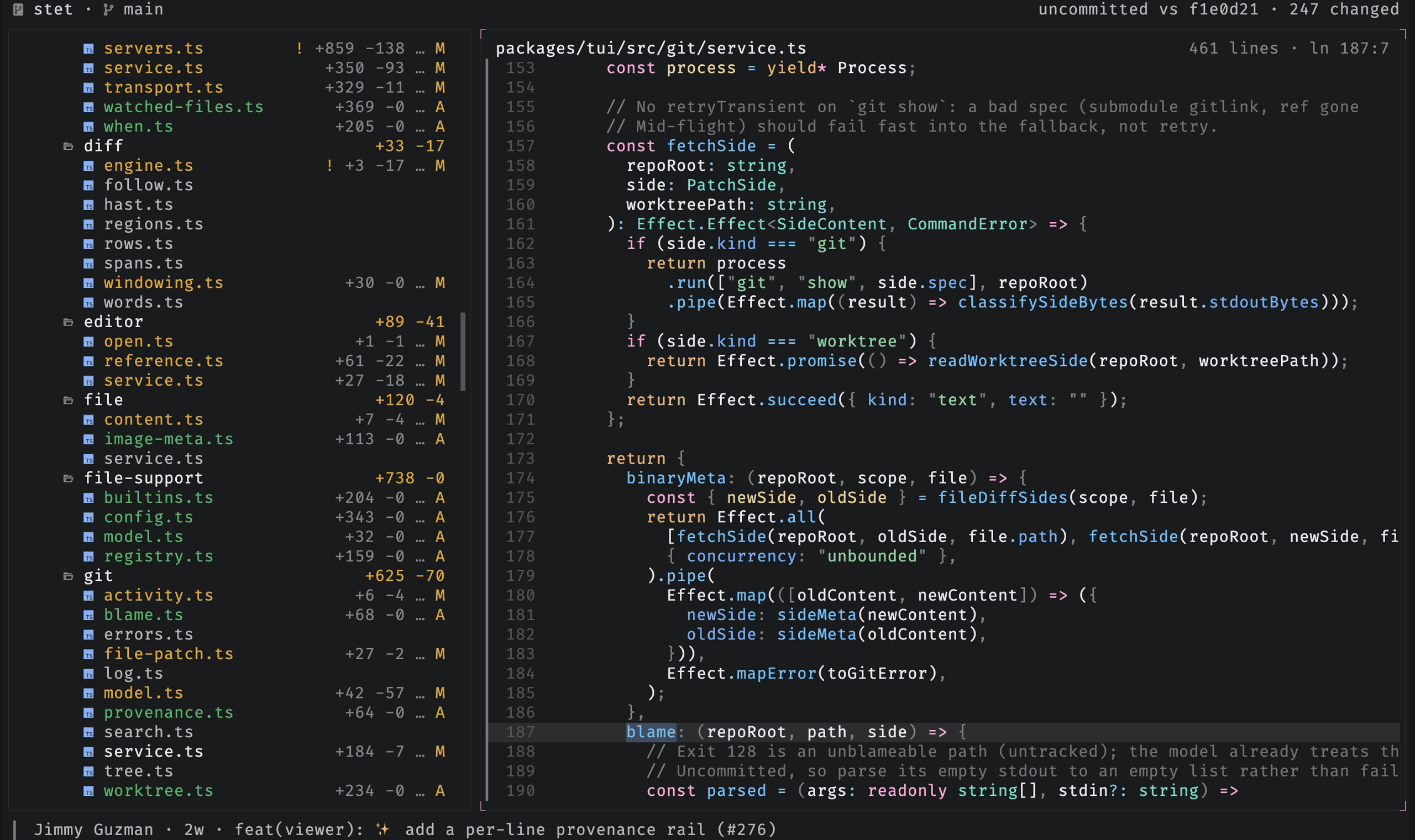 stet's line provenance rail: a gutter timeline of each line's git history, with the caret line's commit read out in the status bar