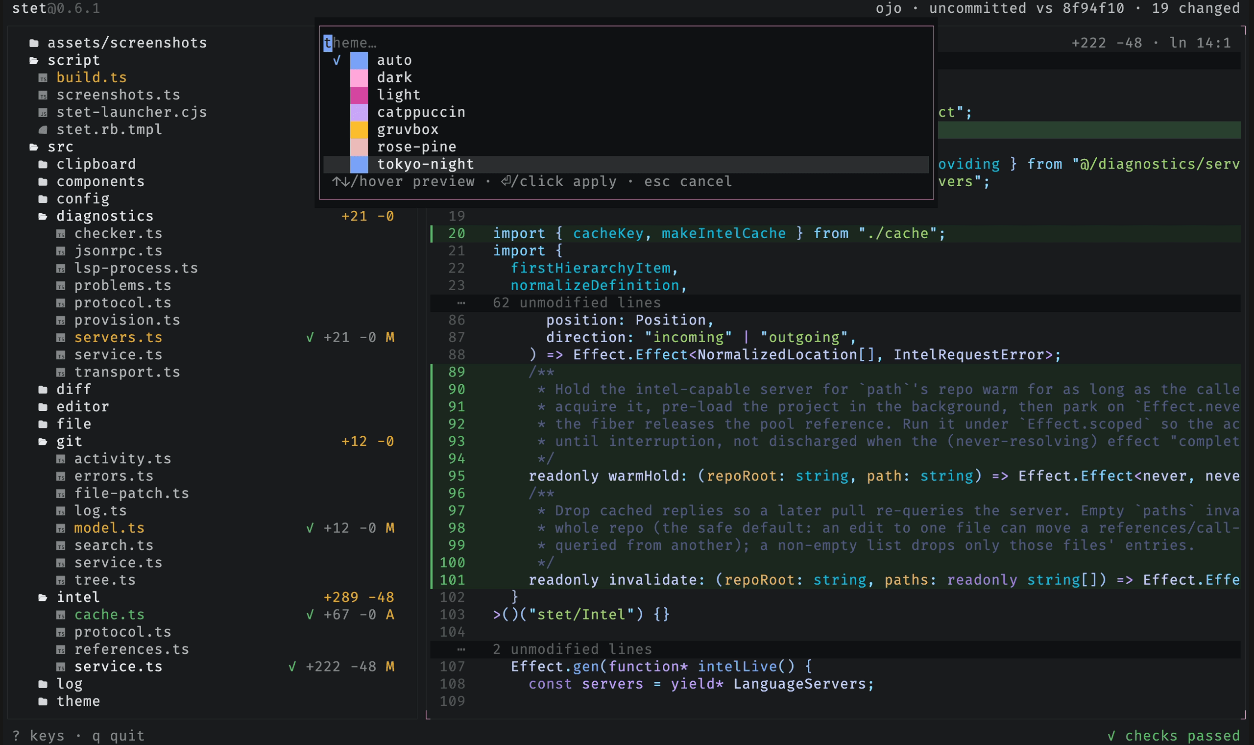 The theme switcher listing themes with color swatches, previewing the highlighted one live