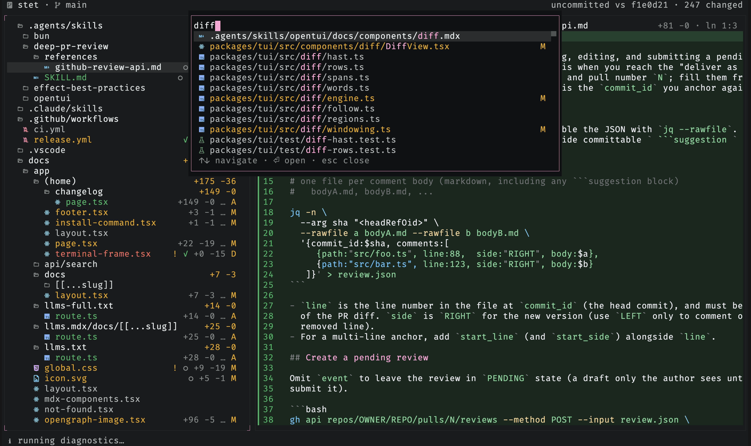 The go-to-file overlay fuzzy-matching paths across the repo