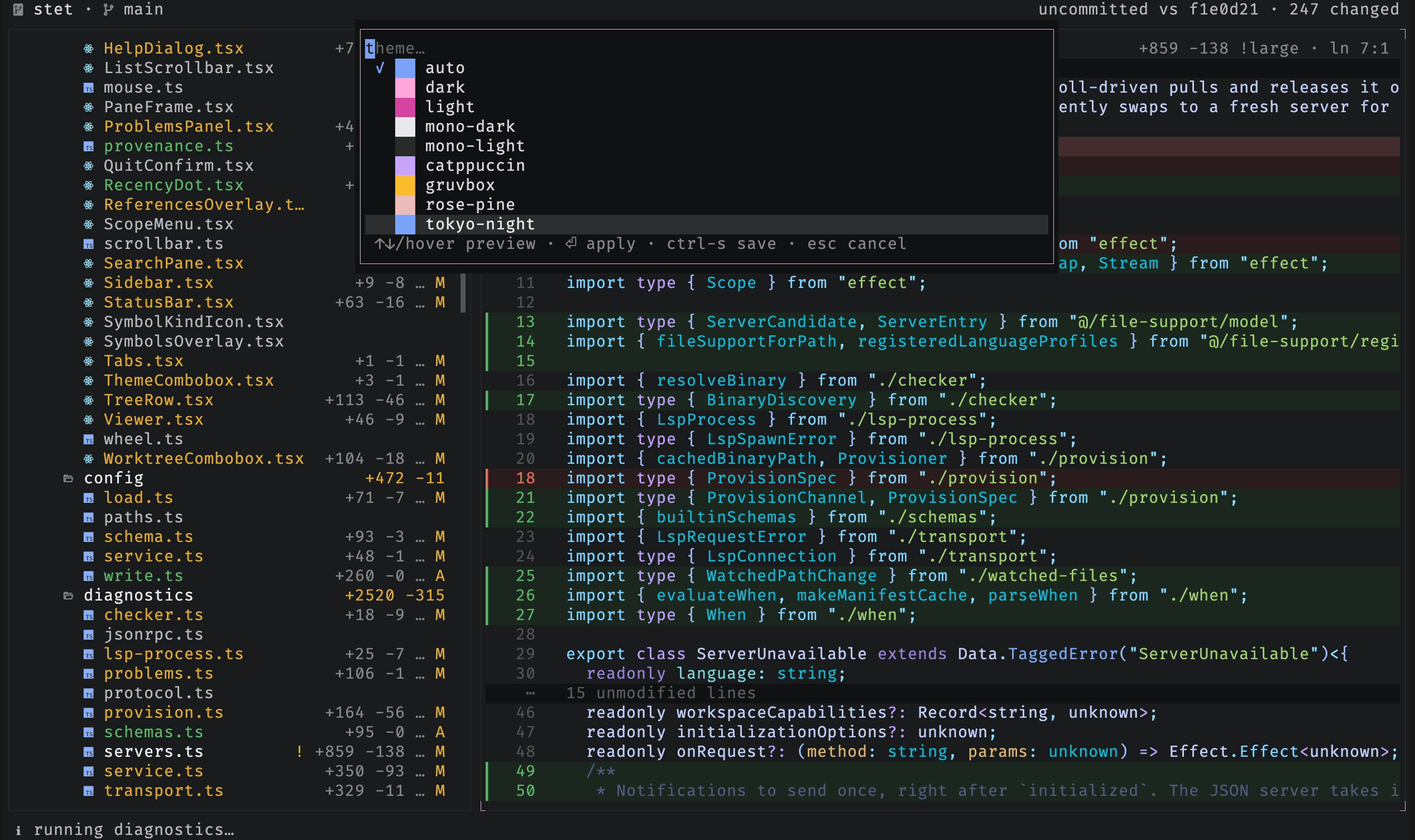 The theme switcher listing themes with color swatches, previewing the highlighted one live